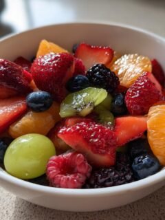 A close-up of a white bowl filled with a vibrant fresh fruit salad, featuring strawberries, blueberries, kiwi, oranges, and grapes.