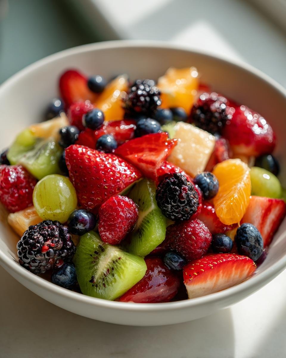 A close-up of a white bowl filled with a Vibrant Fresh Fruit Salad For Memorial Day Brunch Delight, featuring strawberries, blueberries, raspberries, blackberries, kiwi, grapes, and orange slices.