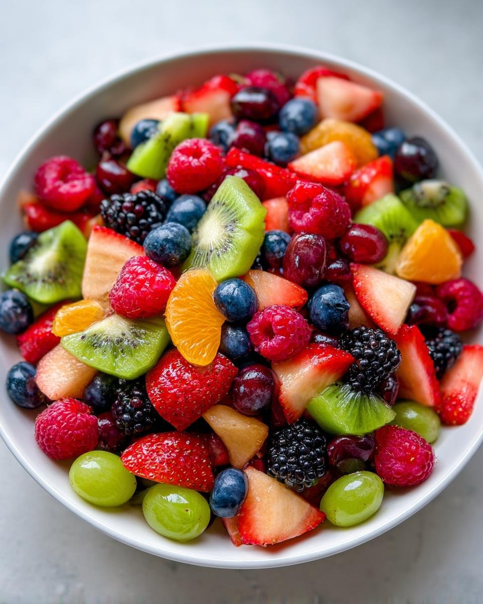 A close-up of a white bowl filled with a Vibrant Fresh Fruit Salad, featuring strawberries, blueberries, raspberries, kiwi, oranges, and grapes.