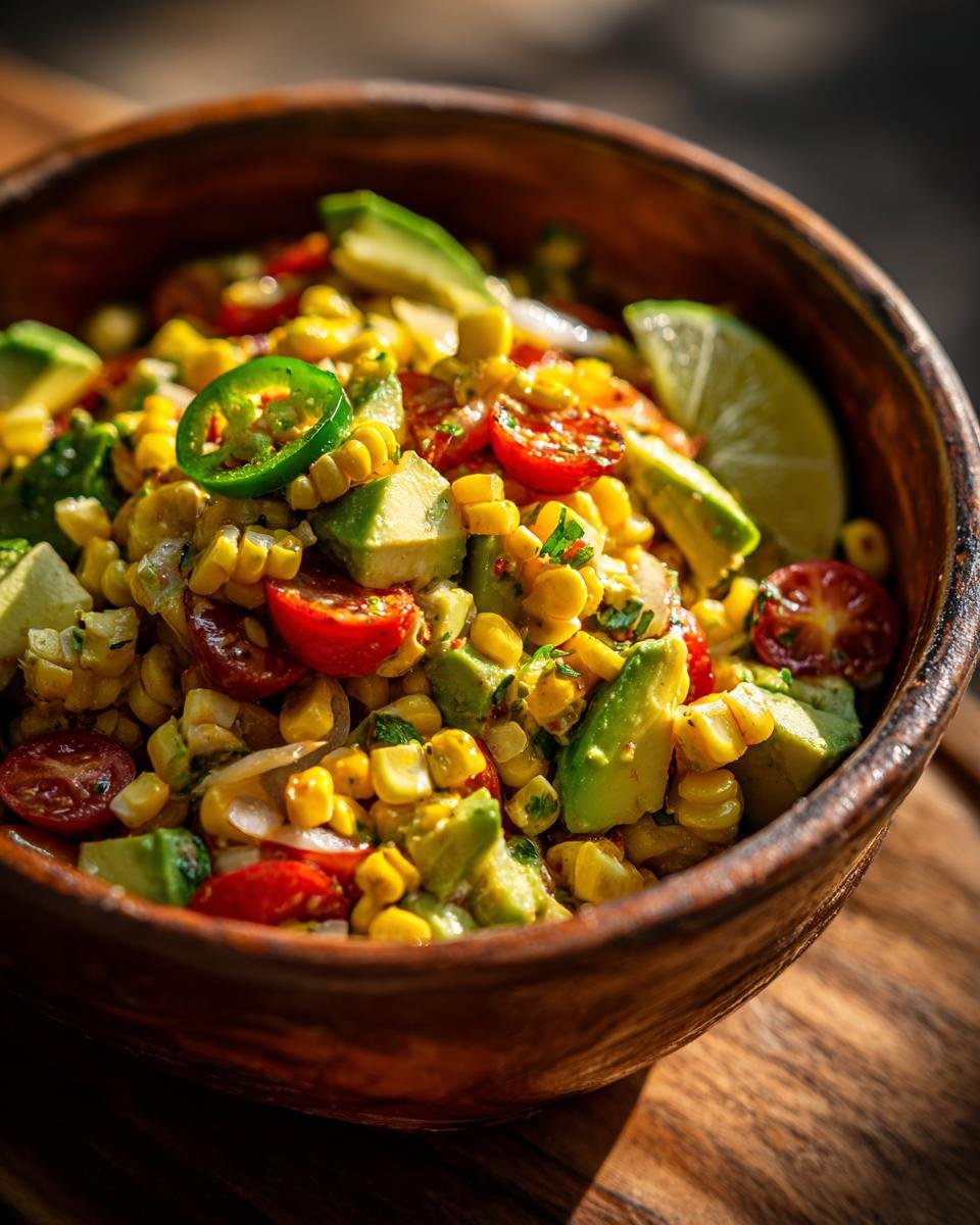 A close-up of a Zesty Avocado Corn Salad in a wooden bowl, featuring corn, avocado, tomatoes, jalapenos, and lime.