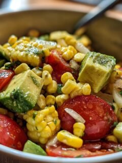 Close-up of a Zesty Avocado Corn Salad with fresh avocado, corn, tomatoes, and onions, perfect for Memorial Day.