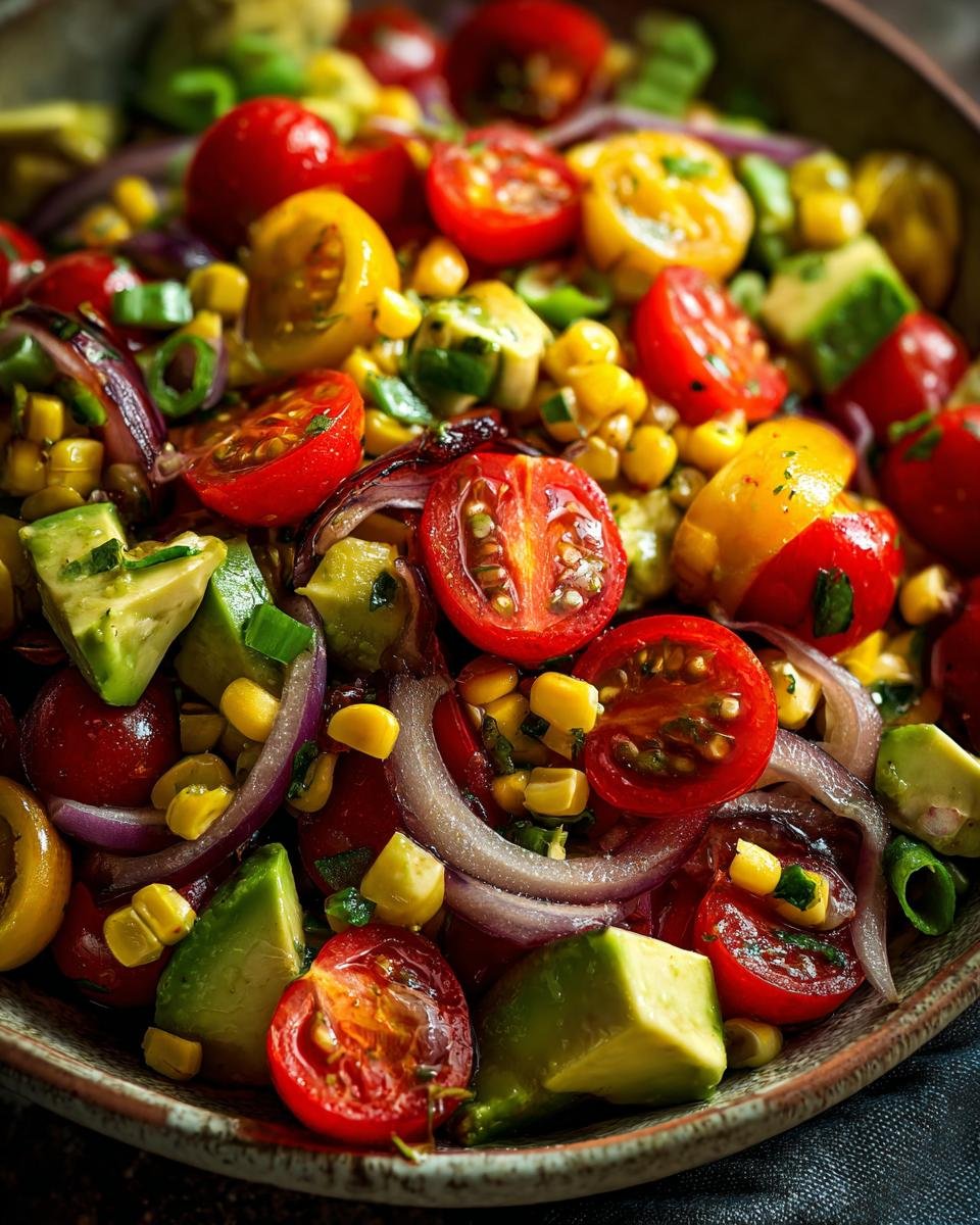 Close-up of Zesty Avocado Corn Salad with cherry tomatoes, corn, avocado, and red onion.