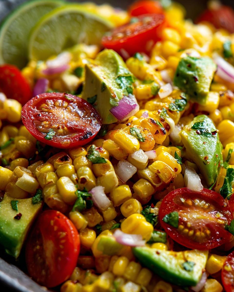 Close-up of Zesty Avocado Corn Salad with grilled corn, avocado, cherry tomatoes, red onion, and lime slices.