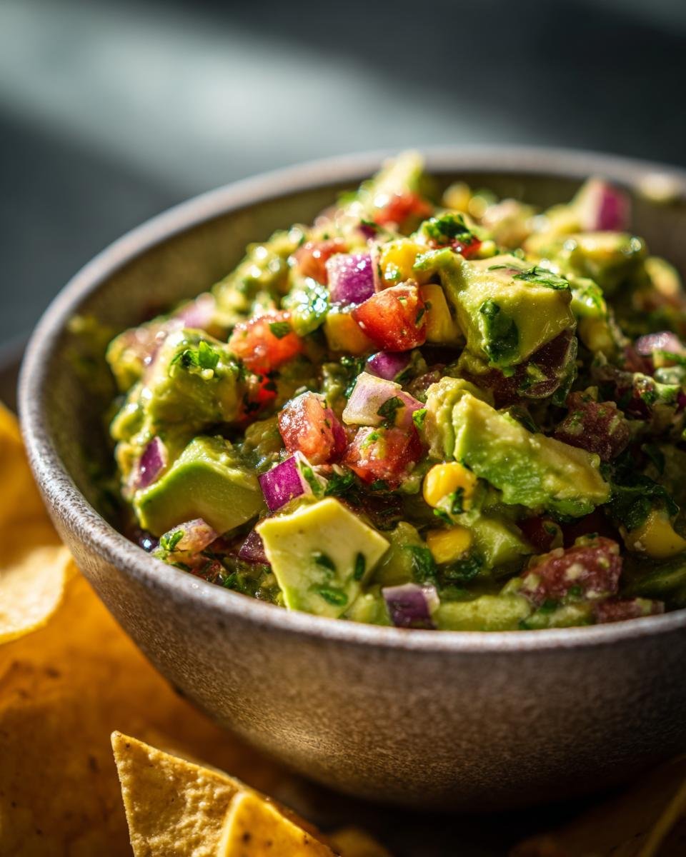 A close-up of Zesty Avocado Corn Salad in a bowl with tortilla chips, featuring chunks of avocado, corn, tomatoes, and red onion.