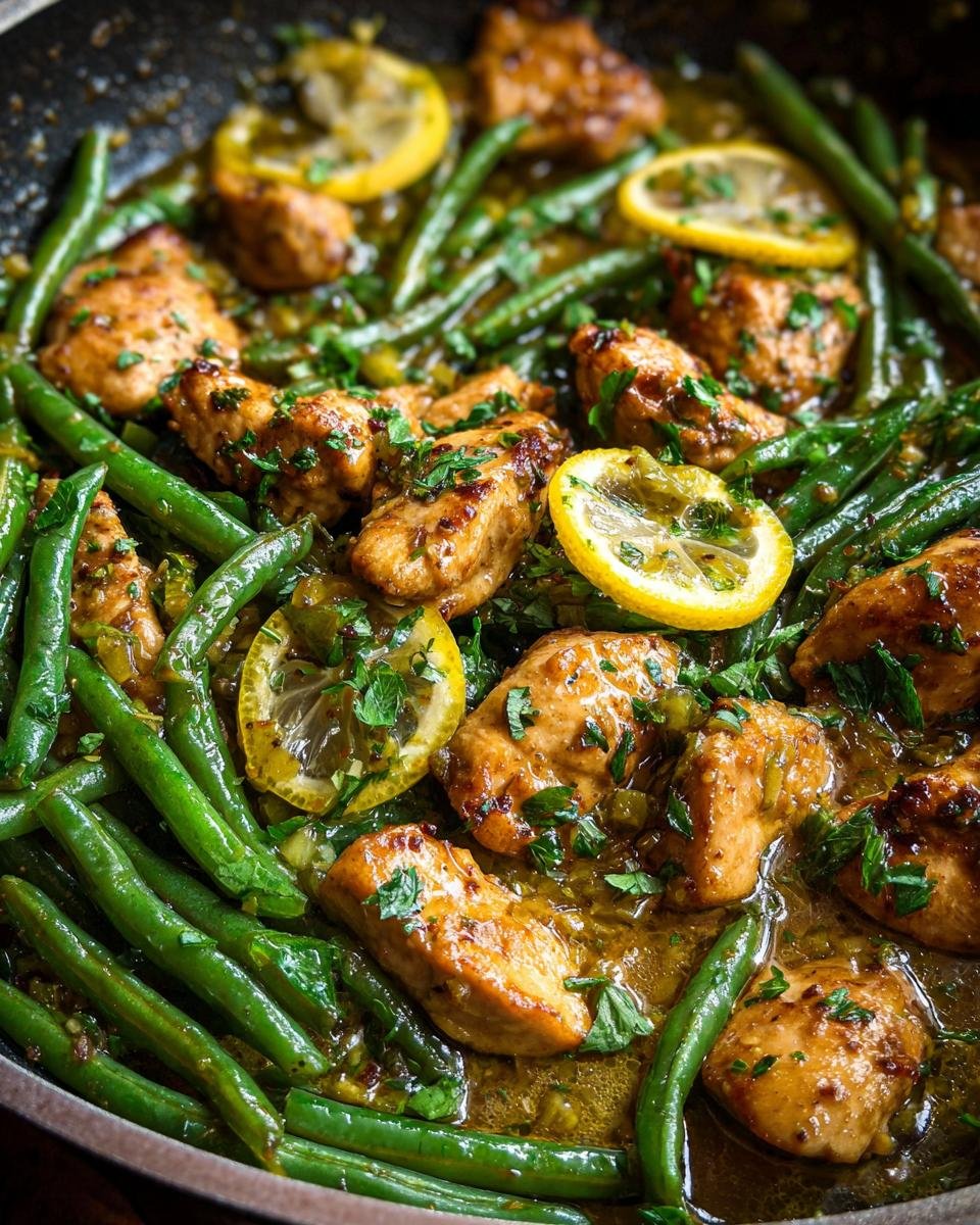 Close-up of Zesty Lemon Garlic Butter Chicken and Green Beans Skillet, with tender chicken pieces and crisp green beans in a glistening sauce, garnished with lemon slices and parsley.