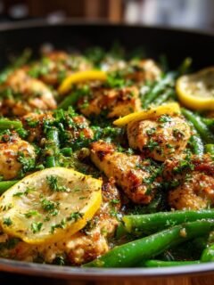 Close-up of Zesty Lemon Garlic Butter Chicken and Green Beans Skillet, garnished with lemon slices and parsley.
