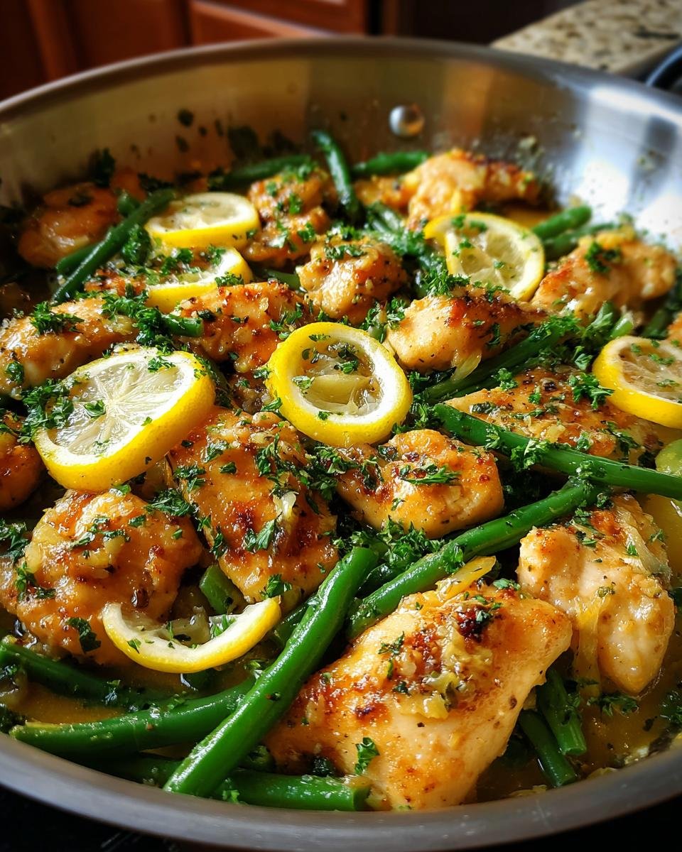 Close-up of Zesty Lemon Garlic Butter Chicken and Green Beans Skillet, garnished with lemon slices and parsley.