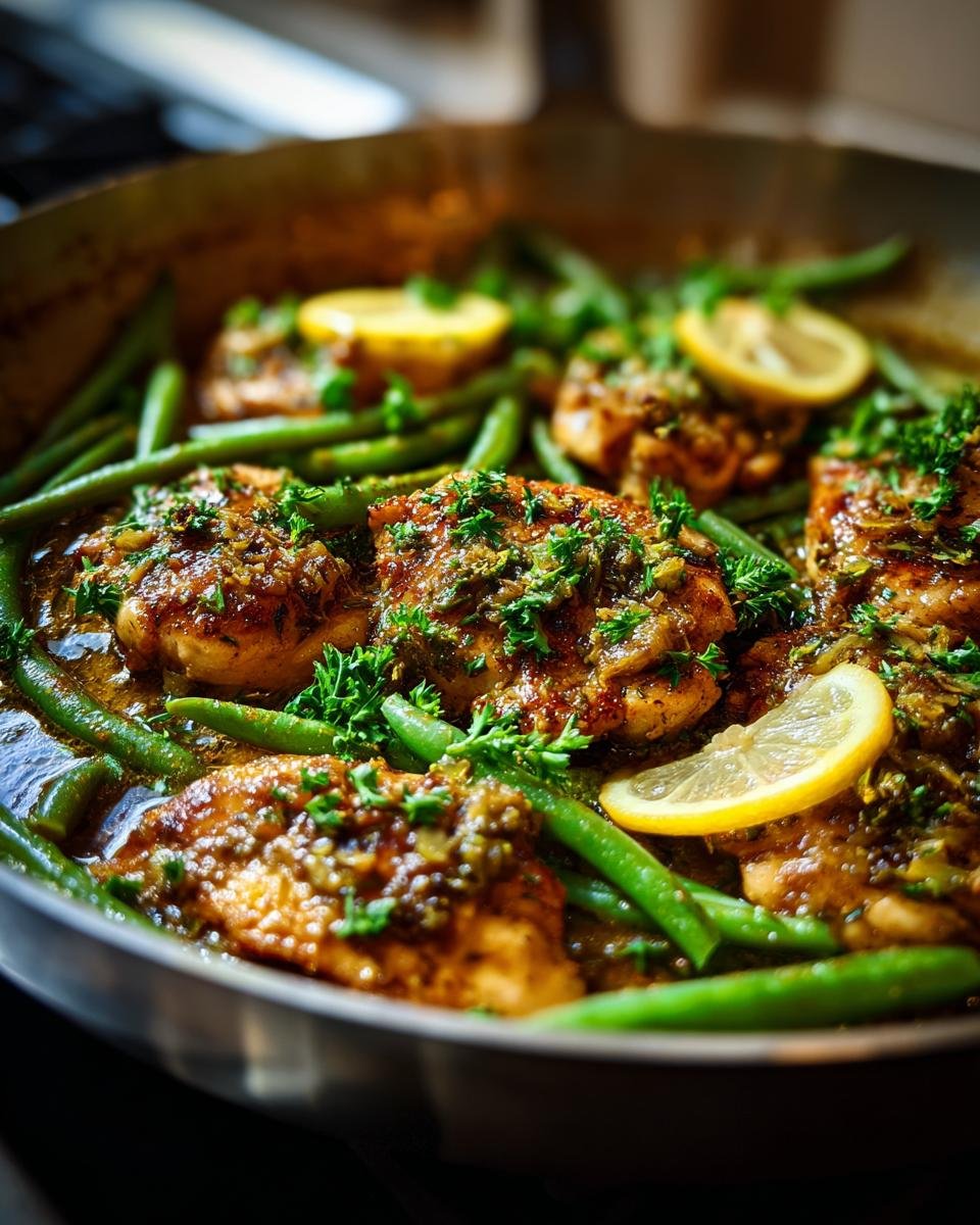A close-up of Zesty Lemon Garlic Butter Chicken and Green Beans Skillet, garnished with fresh parsley and lemon slices.