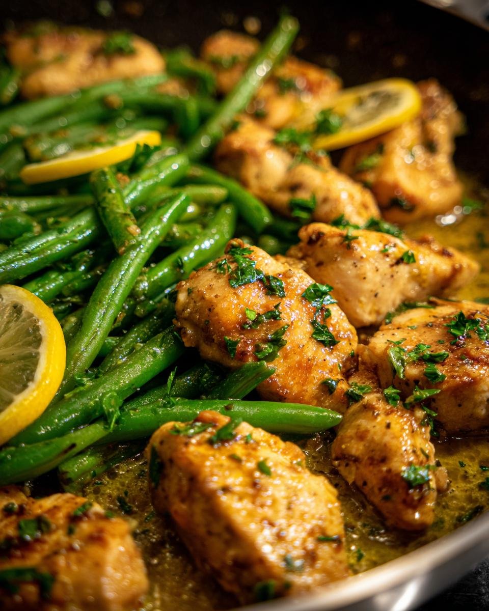 Close-up of Zesty Lemon Garlic Butter Chicken and Green Beans Skillet, garnished with lemon slices and parsley.