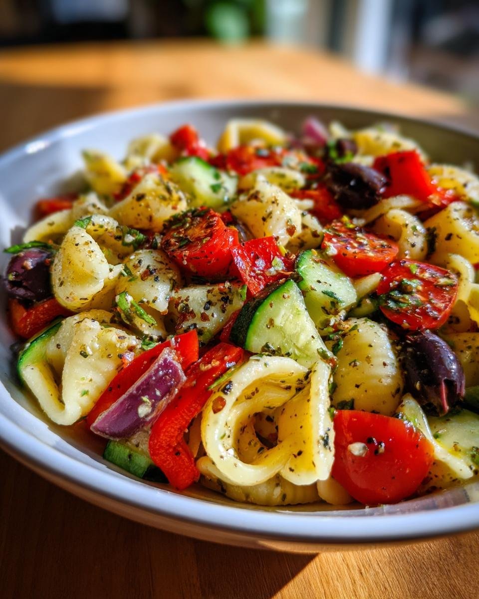 A close-up of a bowl filled with zesty pasta salad, featuring pasta, cherry tomatoes, cucumber, red bell pepper, red onion, and olives tossed in Italian dressing.