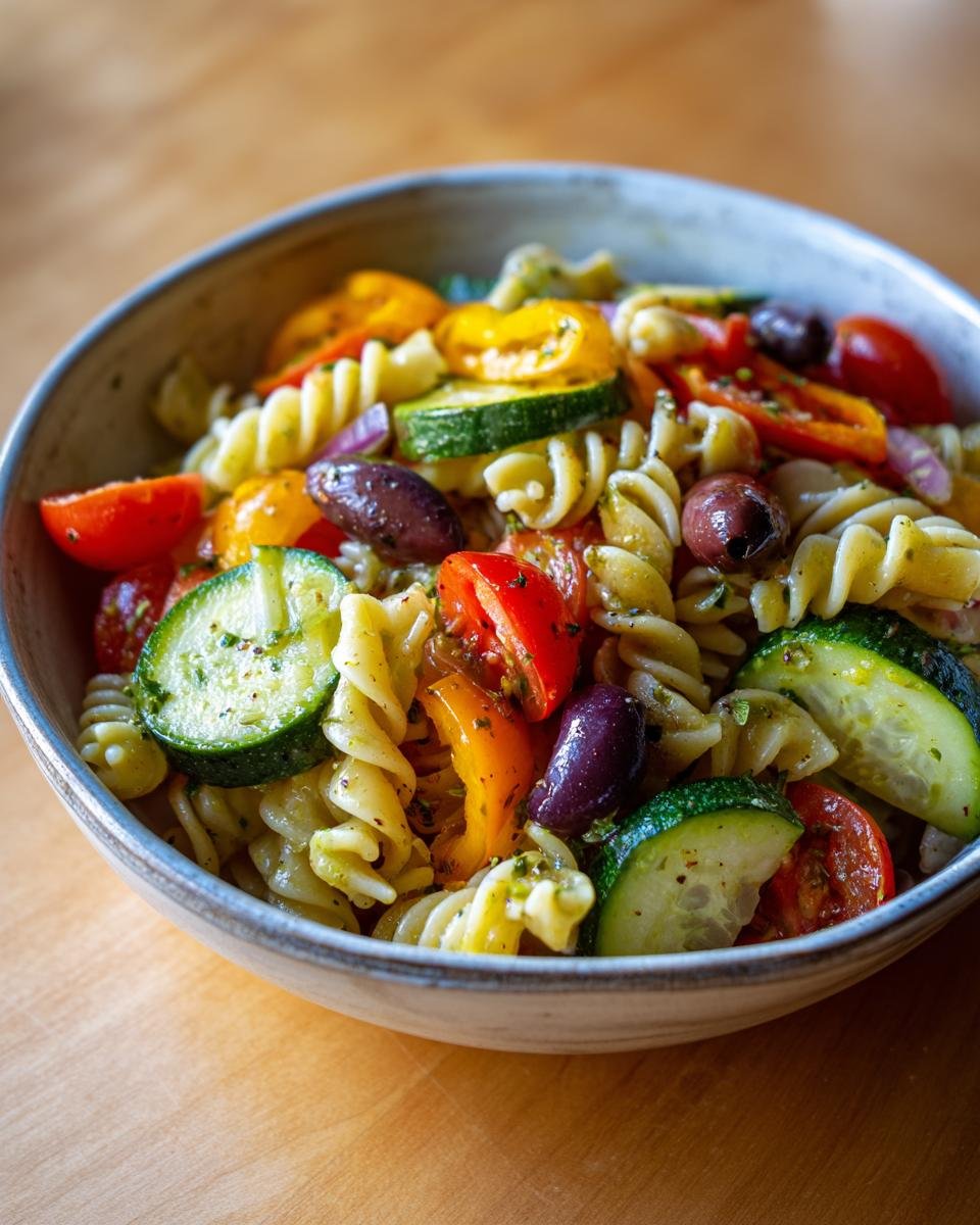 A close-up of a bowl filled with zesty pasta salad, featuring fusilli pasta, cherry tomatoes, zucchini, bell peppers, and olives.