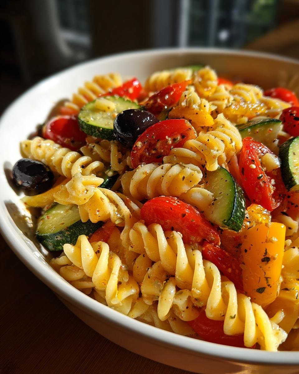 A bowl of zesty pasta salad with fusilli, cherry tomatoes, olives, and zucchini, tossed in Italian dressing.
