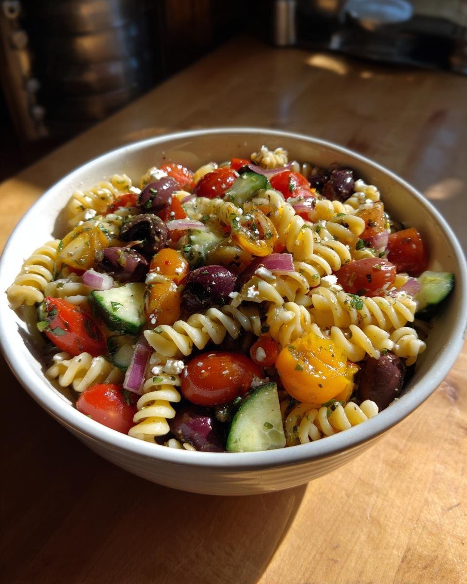A bowl of zesty pasta salad with fusilli pasta, cherry tomatoes, olives, cucumber, red onion, and feta cheese, tossed in Italian dressing.