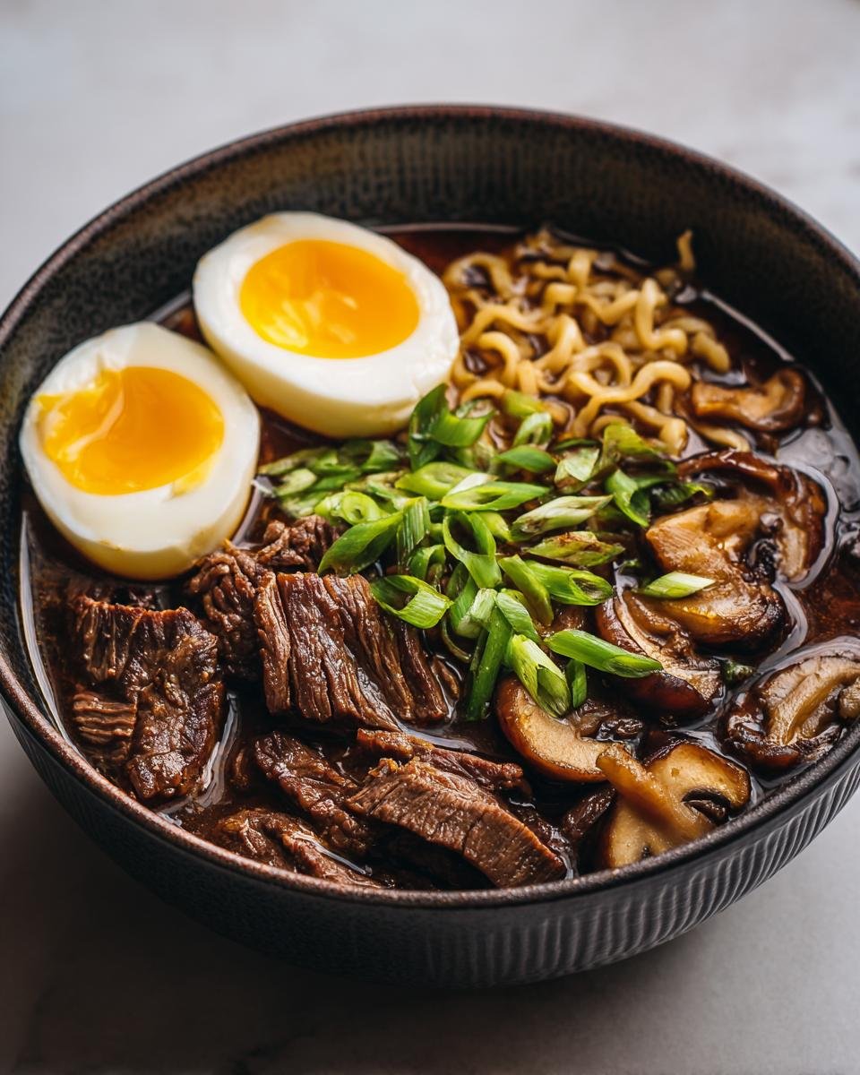 A close-up of a steaming bowl of Beef Ramen featuring tender shredded beef, ramen noodles, shiitake mushrooms, and two halves of a soft-boiled egg.
