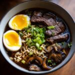 Close-up of a delicious bowl of Beef Ramen featuring sliced beef, ramen noodles, mushrooms, and two halves of a jammy soft-boiled egg.