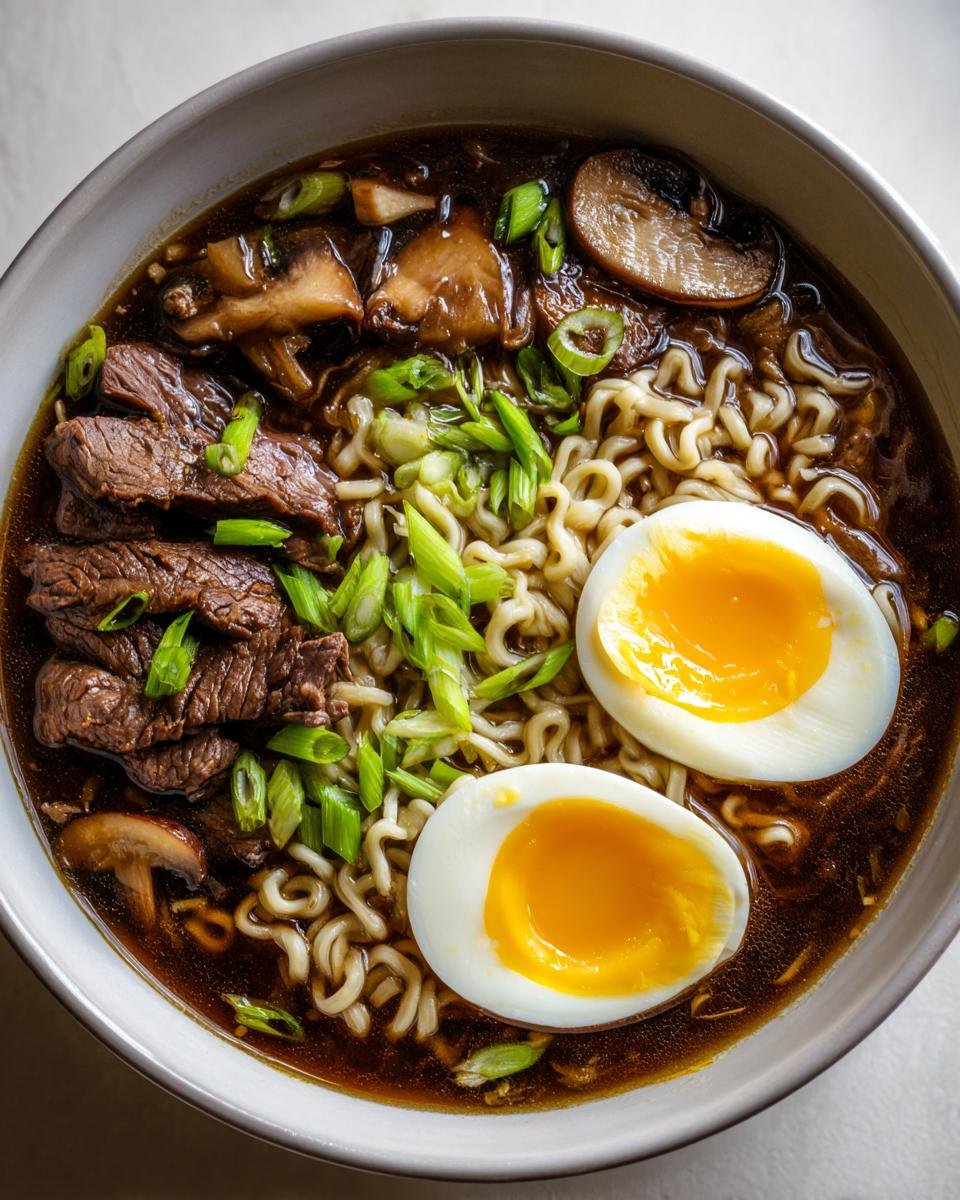 Overhead view of a bowl of rich, dark broth Beef Ramen topped with sliced beef, soft-boiled eggs, and green onions.
