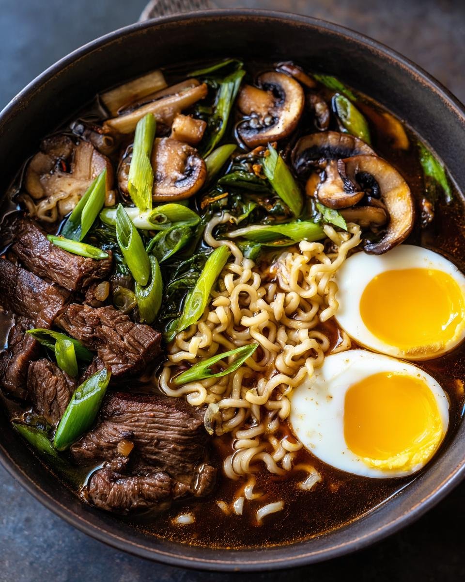 A rich, dark bowl of Beef Ramen featuring tender beef chunks, wavy noodles, sliced mushrooms, and soft-boiled eggs.