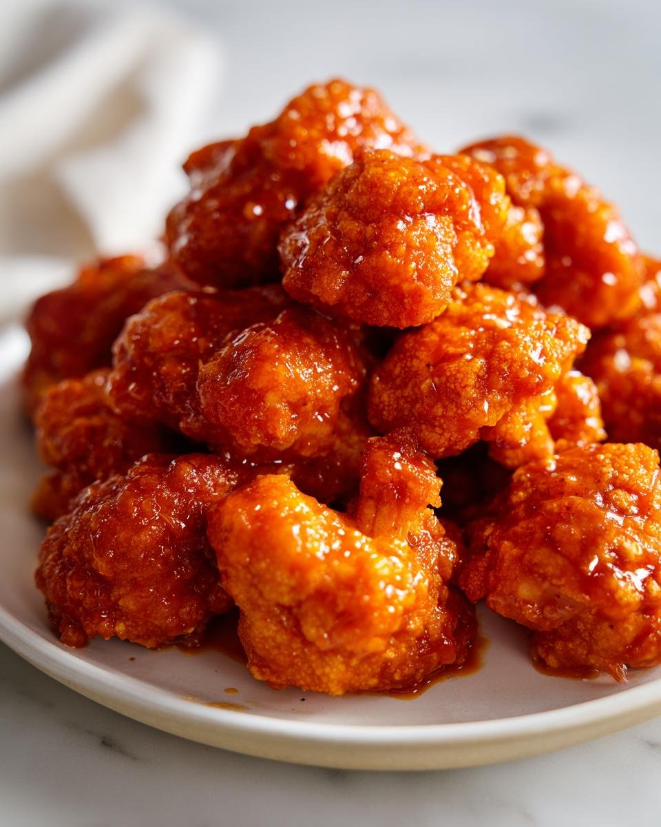 Close-up of a mound of crispy Air Fryer Buffalo Cauliflower Bites coated in glossy, bright orange buffalo sauce.