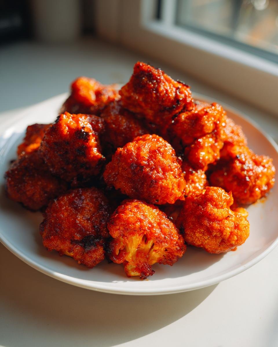 A pile of bright orange, saucy Air Fryer Buffalo Cauliflower Bites served on a white plate.