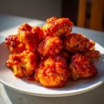 A close-up of crispy Air Fryer Buffalo Cauliflower Bites piled high on a white plate, coated in bright orange sauce.