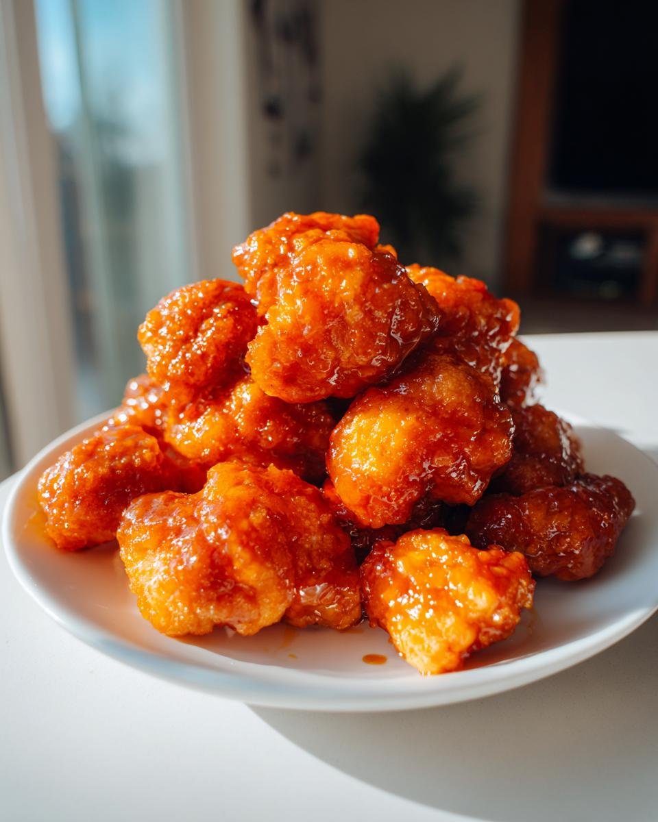 A mound of crispy, bright orange, glazed Air Fryer Buffalo Cauliflower Bites piled high on a white plate.