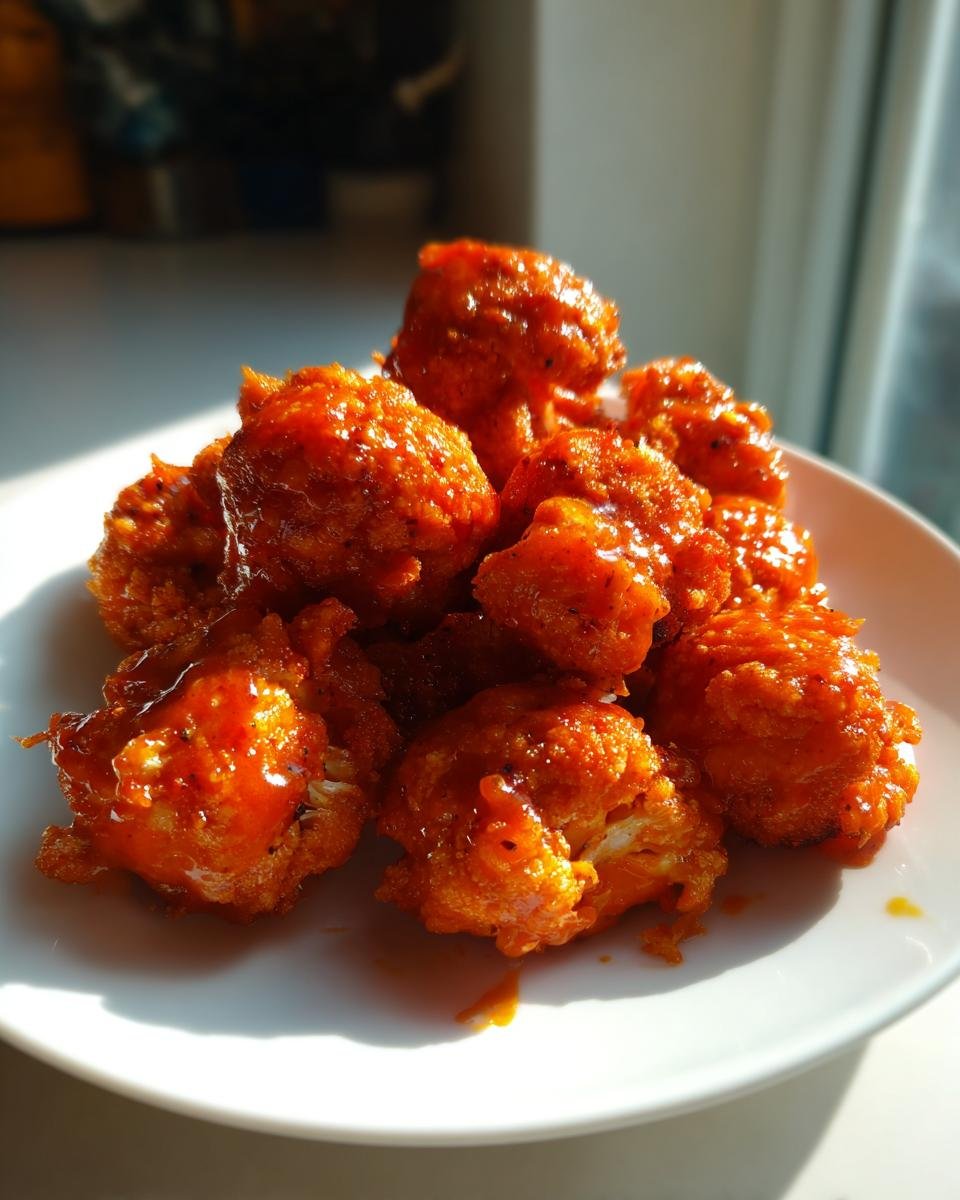 A pile of crispy, bright orange Air Fryer Buffalo Cauliflower Bites glistening with sauce on a white plate.