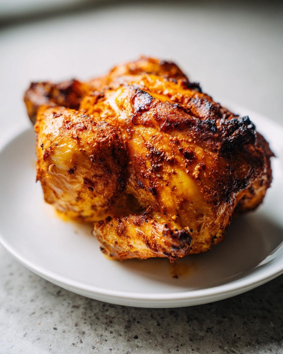 A whole, golden-brown, seasoned Air Fryer Cornish Hen resting on a simple white plate.