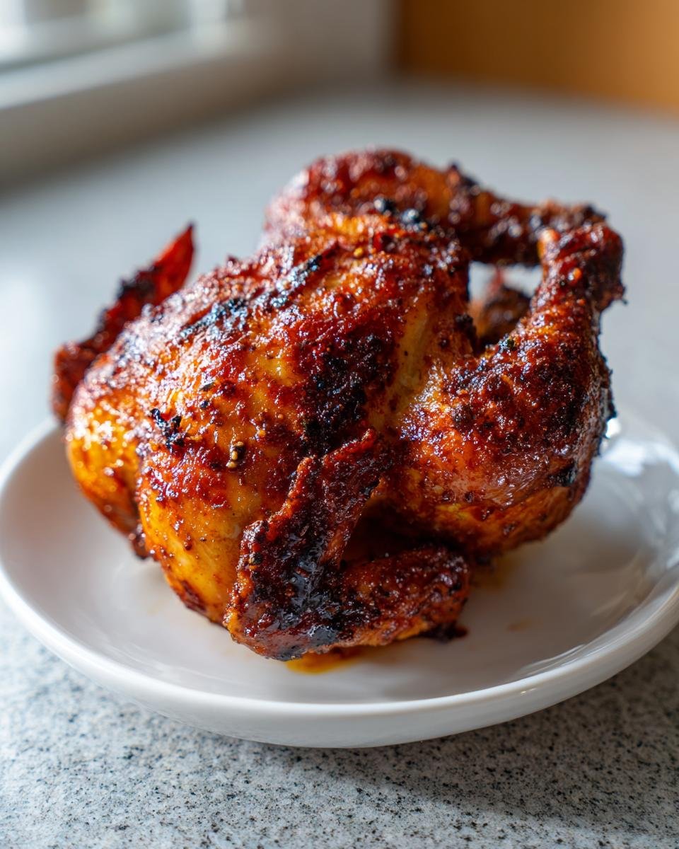 A whole, seasoned, and perfectly crispy Air Fryer Cornish Hen resting on a small white plate.