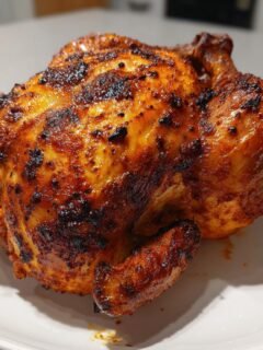 A whole, beautifully browned and crispy Air Fryer Cornish Hen resting on a white plate.