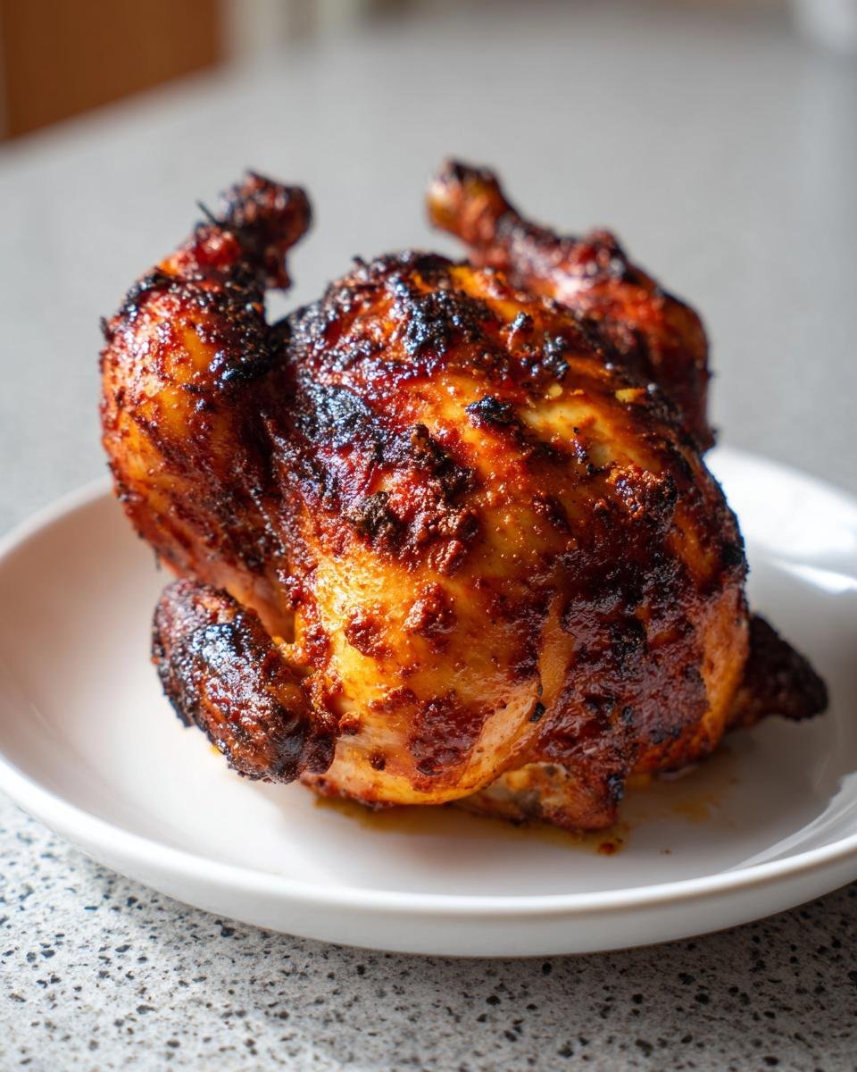 A whole, beautifully roasted Air Fryer Cornish Hen with crispy, seasoned skin resting on a white plate.