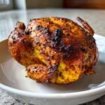 A whole, beautifully browned and seasoned Air Fryer Cornish Hen resting in a white bowl.