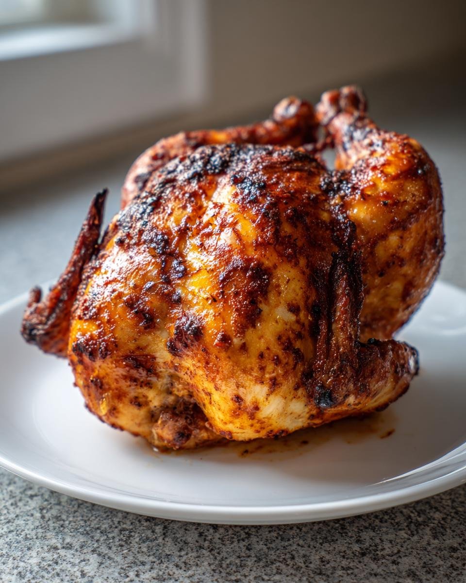 A whole, beautifully browned and crispy Air Fryer Cornish Hen resting on a white plate.