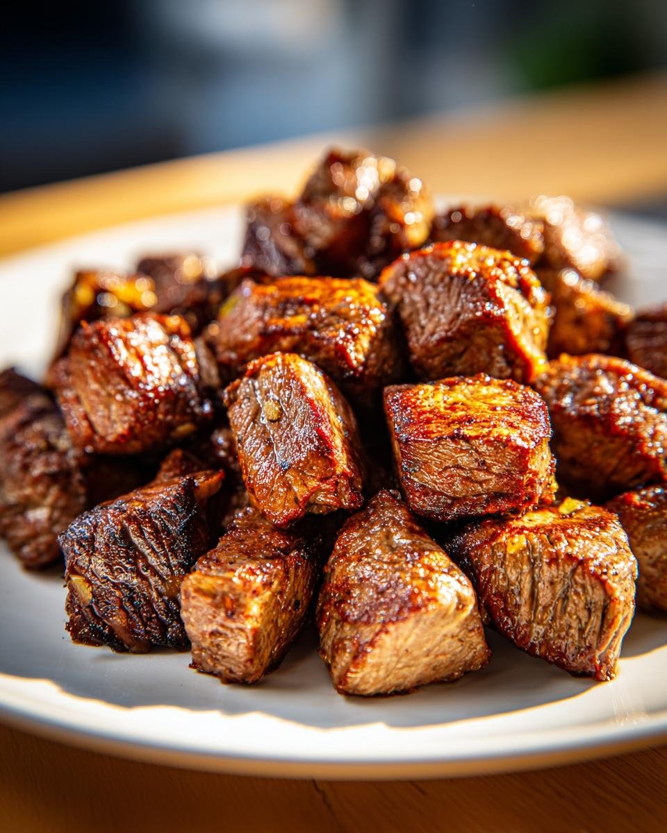 Close-up of juicy, browned Air Fryer Steak Bites With Mushrooms piled on a white plate.