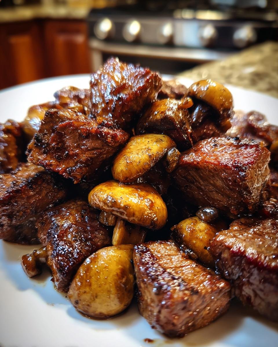 Close-up of juicy, glazed Air Fryer Steak Bites With Mushrooms piled on a white plate.