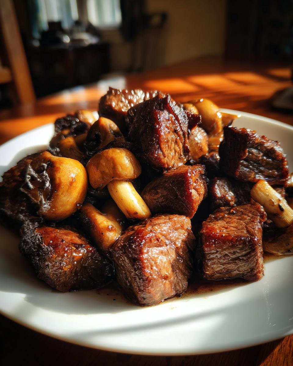 Close-up of juicy Air Fryer Steak Bites With Mushrooms served on a white plate, glistening under warm light.