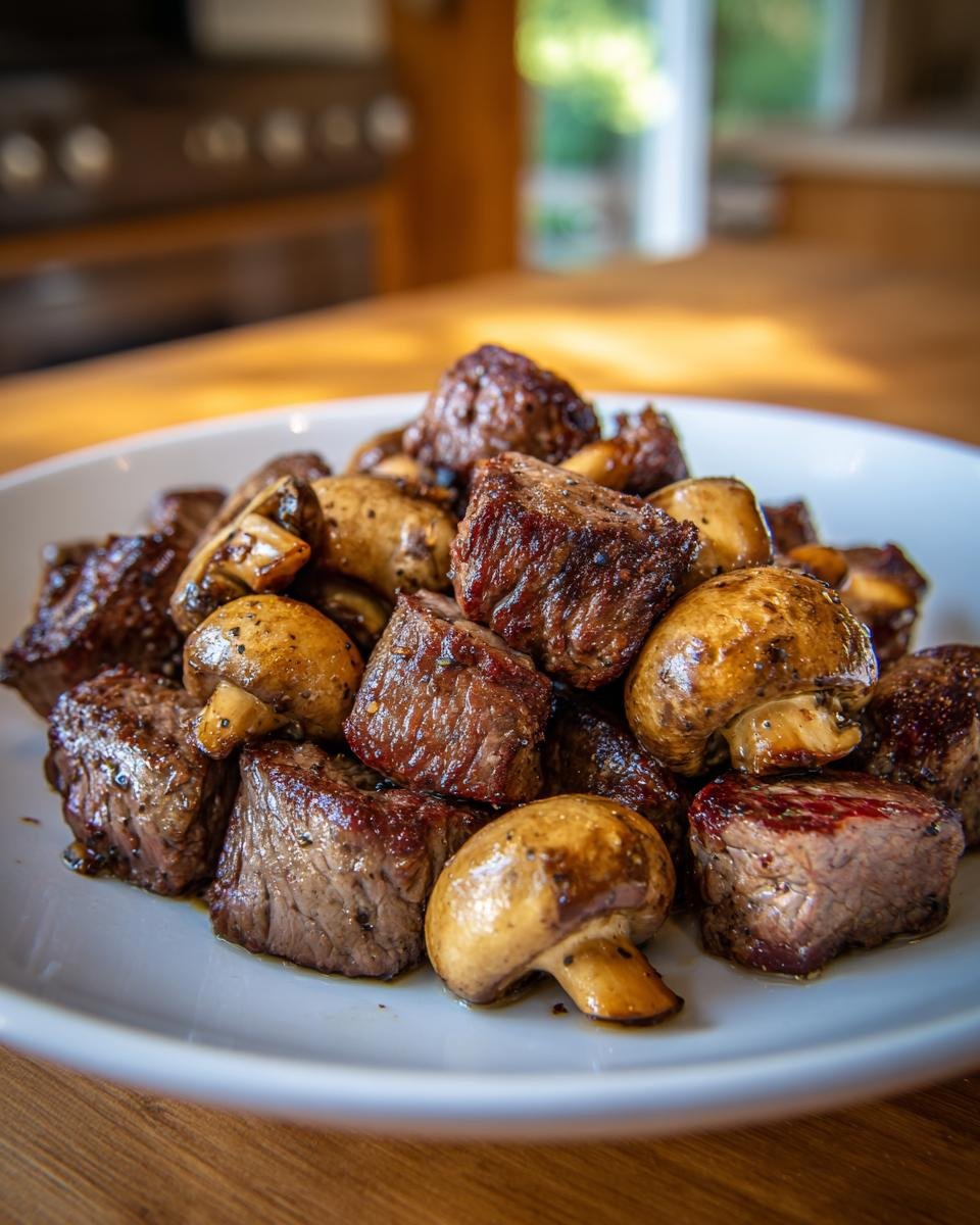 A white plate piled high with perfectly cooked Air Fryer Steak Bites With Mushrooms, glistening with juices.