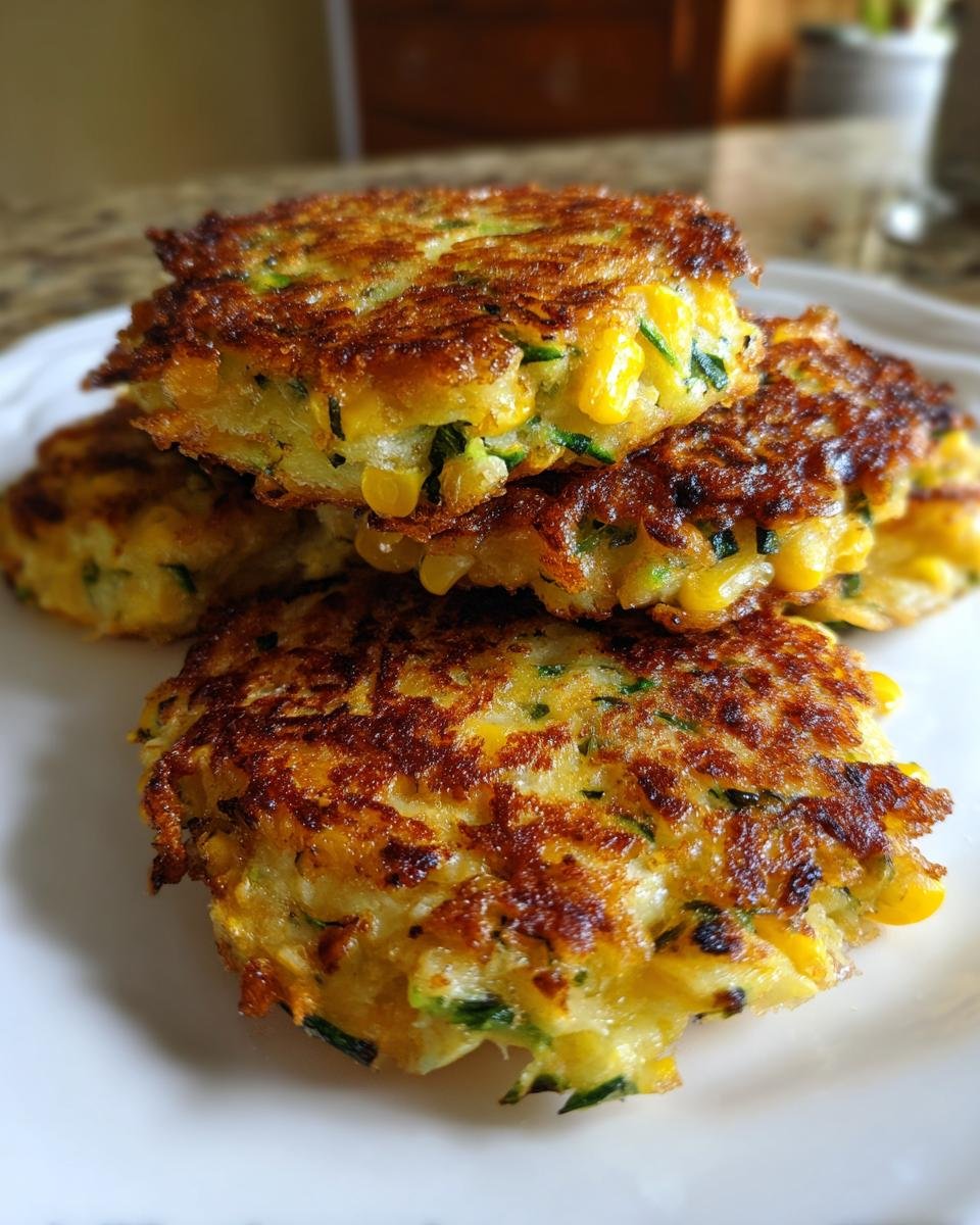 A stack of four golden-brown Air Fryer Zucchini Corn Fritters showing visible corn kernels and shredded zucchini.