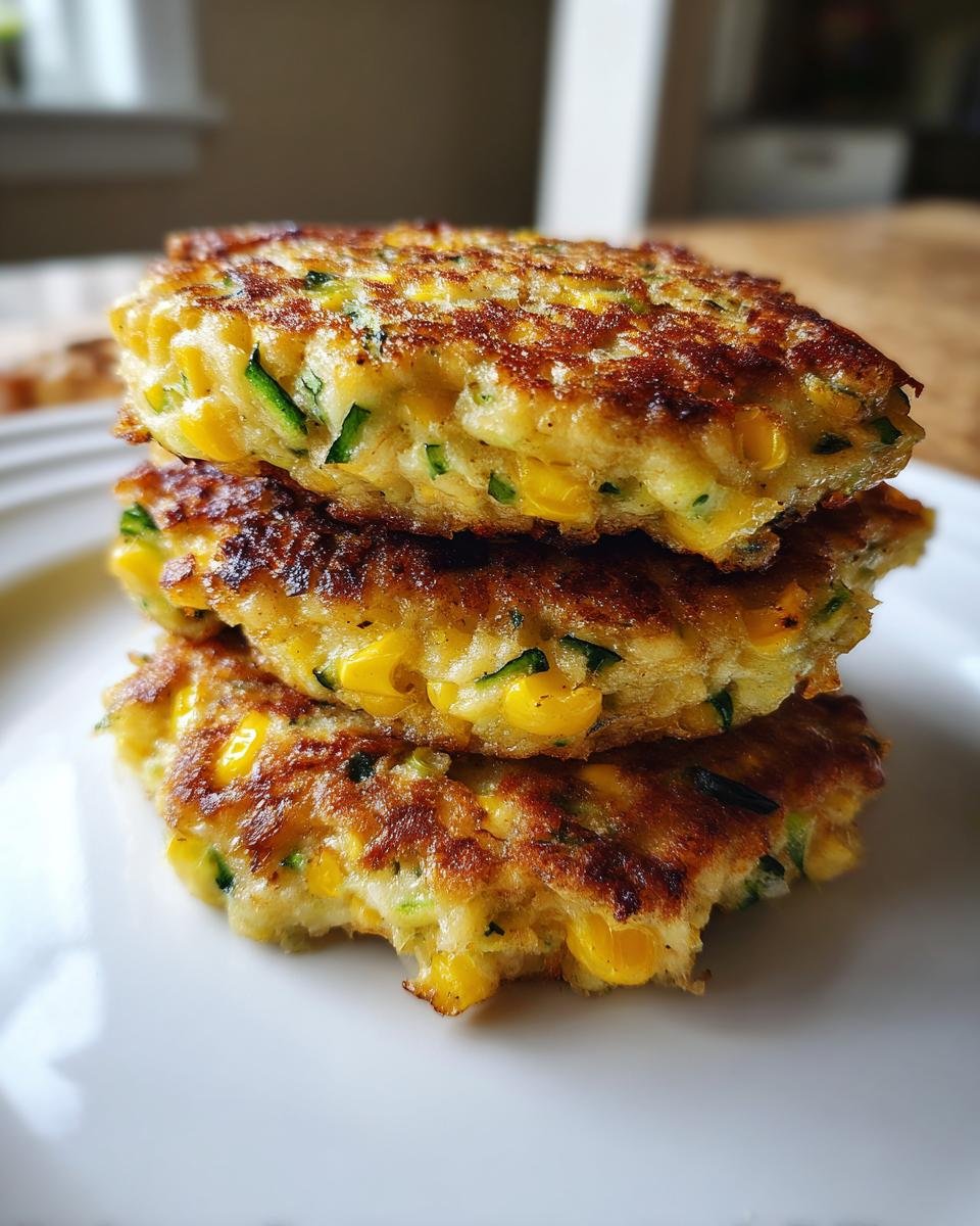 A stack of three golden-brown Air Fryer Zucchini Corn Fritters showing visible corn kernels and green zucchini shreds.