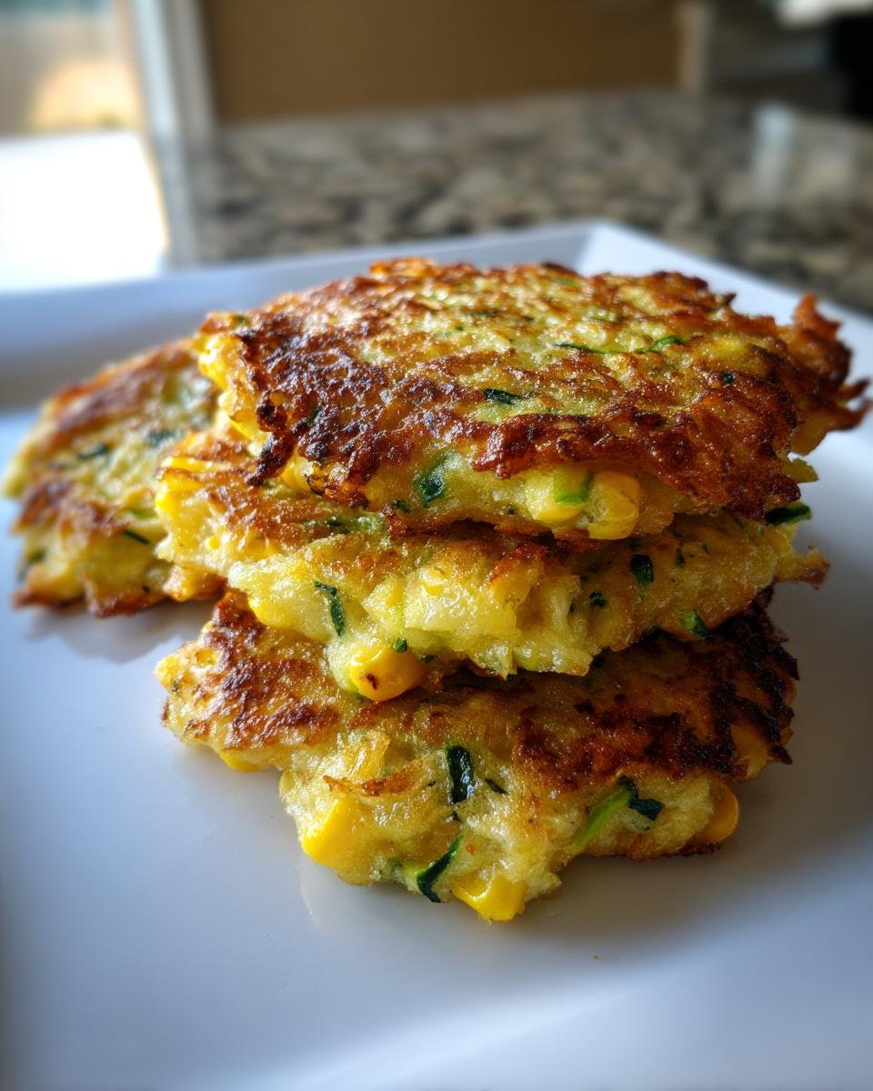 A stack of three golden-brown Air Fryer Zucchini Corn Fritters featuring visible corn kernels and green zucchini shreds.