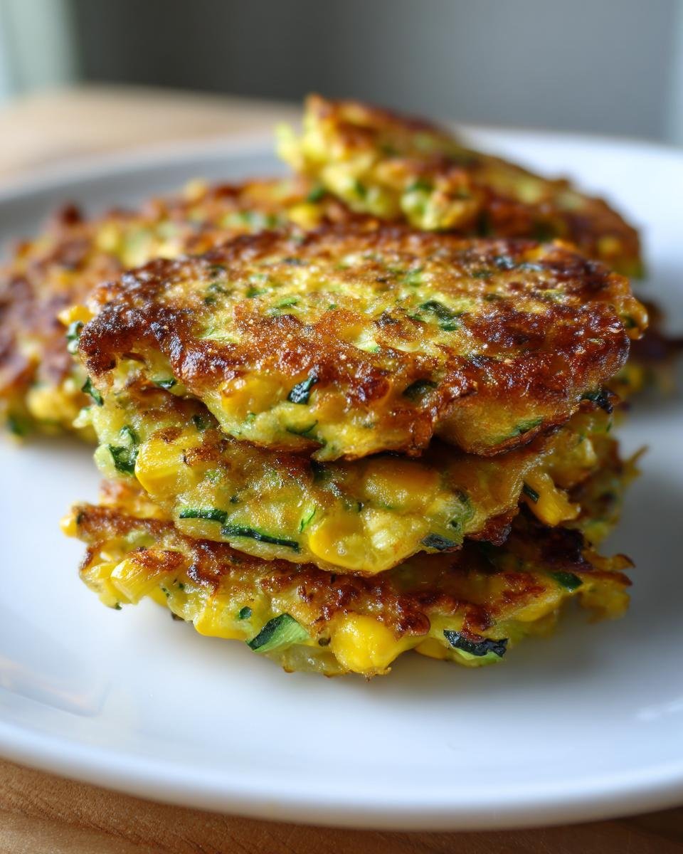A stack of golden brown Air Fryer Zucchini Corn Fritters showing visible pieces of corn and shredded zucchini.