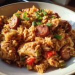 A close-up, appetizing photo of homemade Jambalaya featuring rice, sliced sausage, chicken pieces, and green onions.