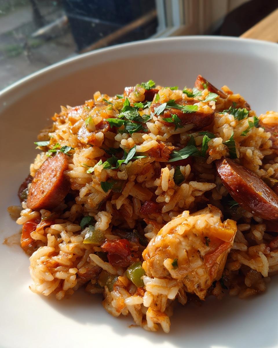 Close-up of a white bowl filled with flavorful Jambalaya, featuring rice, sliced sausage, chicken, and fresh parsley garnish.