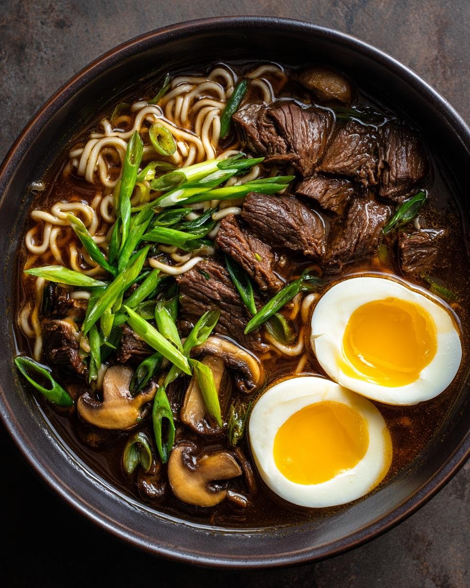 Overhead view of a dark bowl filled with rich Beef Ramen, featuring tender beef chunks, noodles, mushrooms, and a soft-boiled egg cut in half.