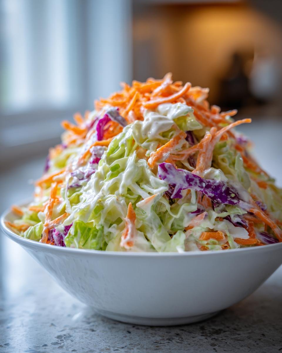 A large white bowl piled high with creamy coleslaw made from shredded cabbage and carrots, featuring the primary keyword.