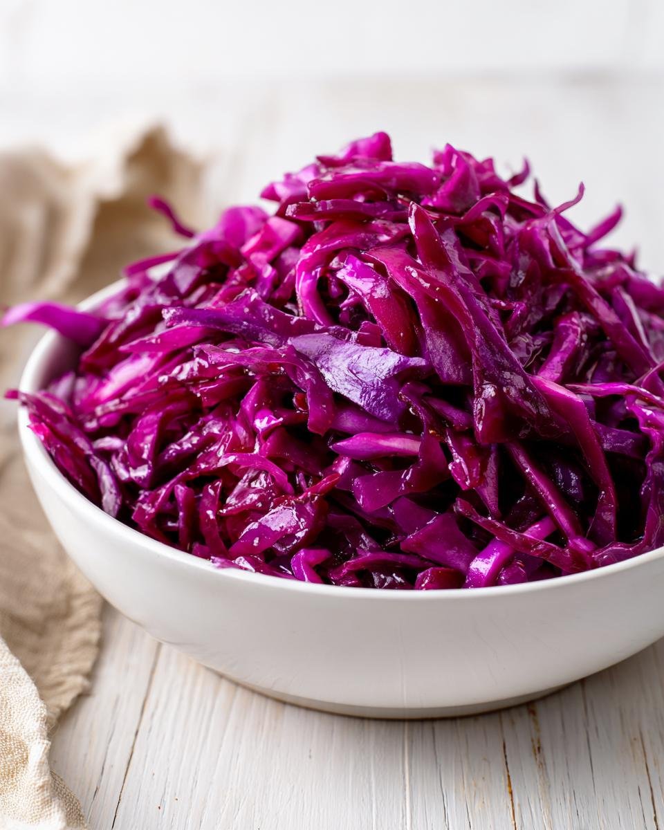 Close-up of a white bowl filled with bright, shredded Amazing Red Cabbage Slaw on a white wooden surface.
