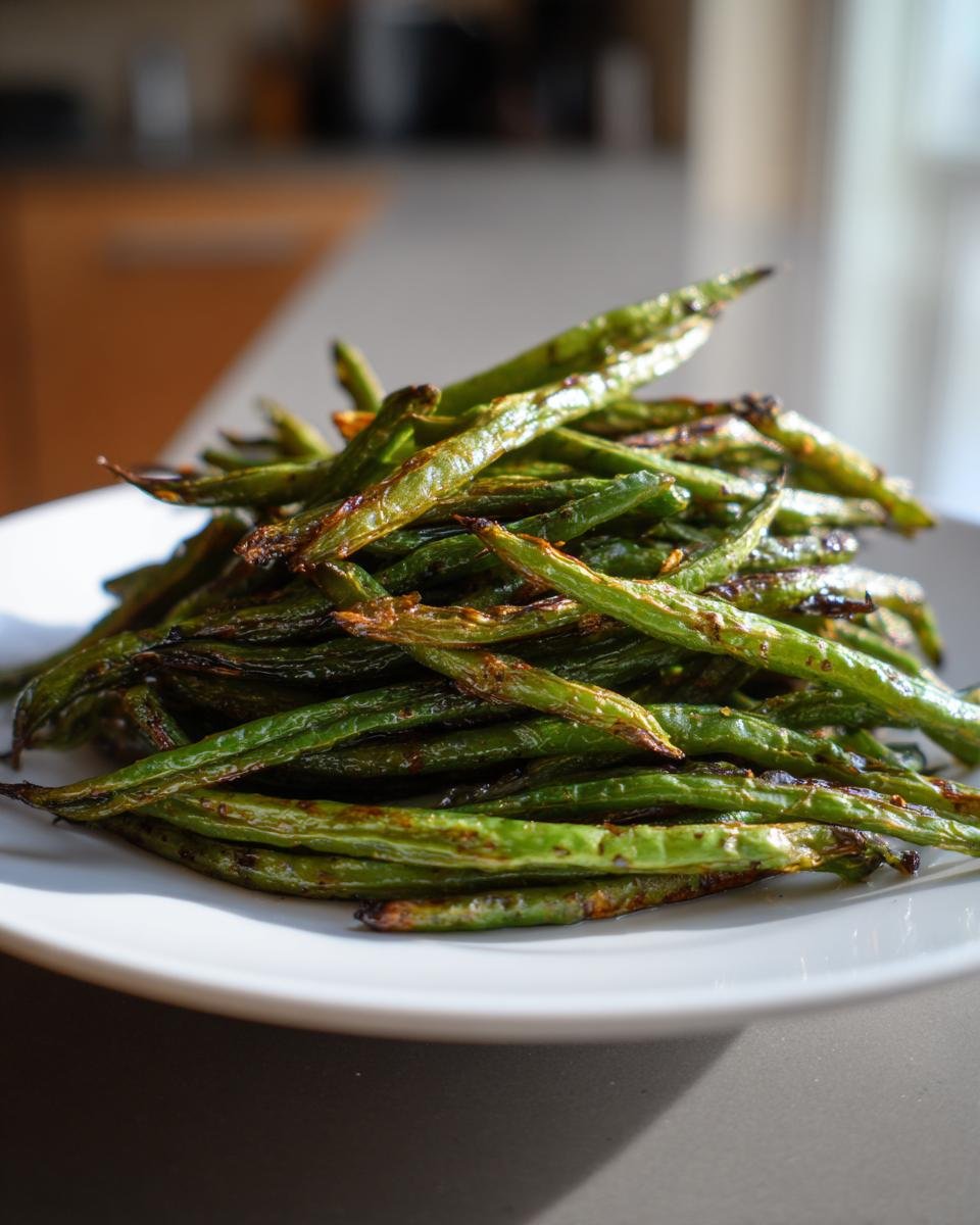 A close-up of a mound of perfectly Roasted Green Beans, slightly charred and glistening, served on a white plate.