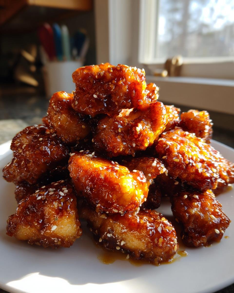 A close-up of a pile of crispy, glazed Saucy Chicken pieces sprinkled with white sesame seeds on a white plate.