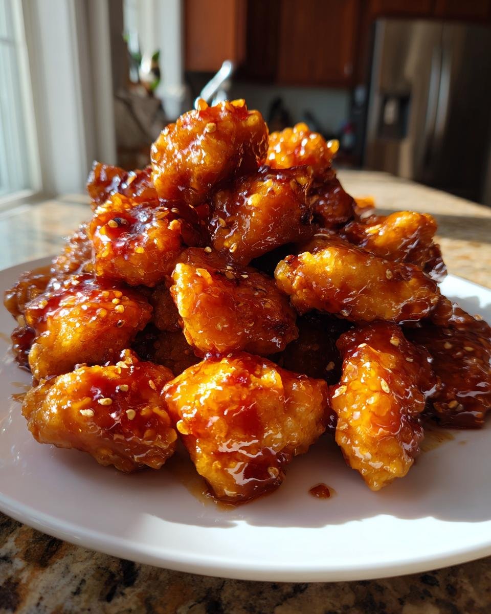 A close-up of crispy, bite-sized pieces of Saucy Chicken coated in a thick, glossy glaze and sprinkled with sesame seeds.