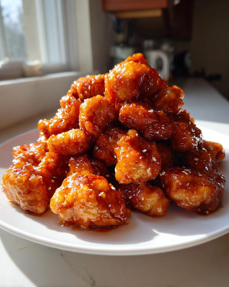 A mound of crispy, bite-sized pieces of Saucy Chicken coated in a thick, glossy orange glaze and sprinkled with sesame seeds.