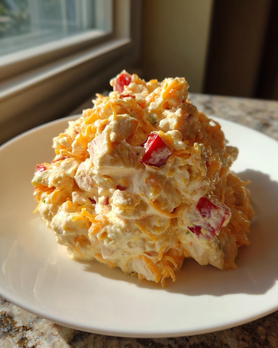 A scoop of creamy Apples Cheddar Chicken Salad mixed with shredded cheese and red pepper pieces, served on a white plate.